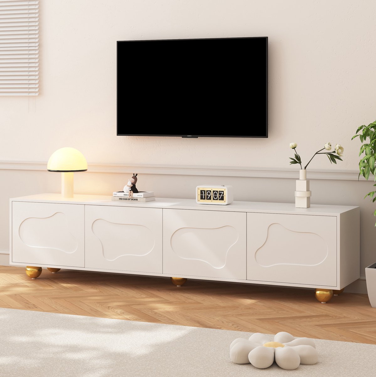 MEUNIQ TV-meubel 180 x 40 x 45 cm met 4 wolkenvormige deuren, 2 gesloten kastvakken en 5 poten voor 75 inch televisie, warm wit woonkamer
