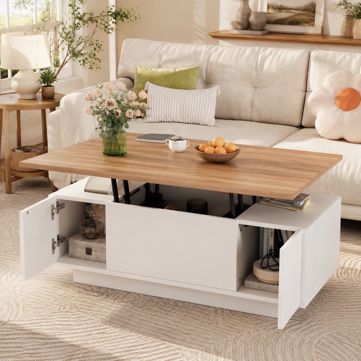 MEUNIQ Salontafel 100 x 50 x 55,5 cm met dubbele in hoogte verstelbare bladen, verborgen opbergruimte en 2 deuren voor de woonkamer, wit en houtkleur