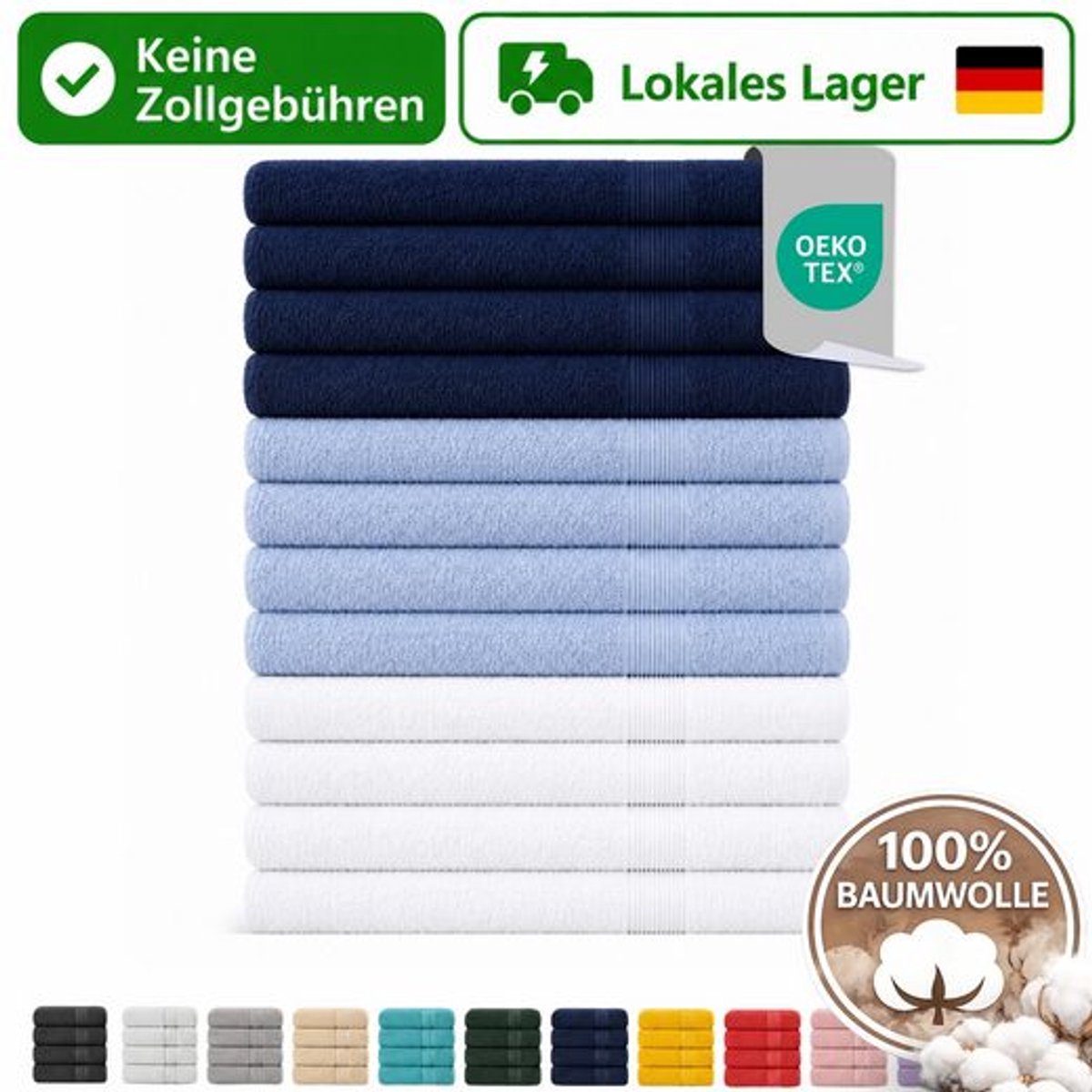 Komfortec Set van 12 Badhanddoek 100x200 cm van 100% Katoen, XXL Saunahanddoek, Grote Douchehanddoek, Zacht & Absorberend, Marineblauw&Lichtblauw&Wit