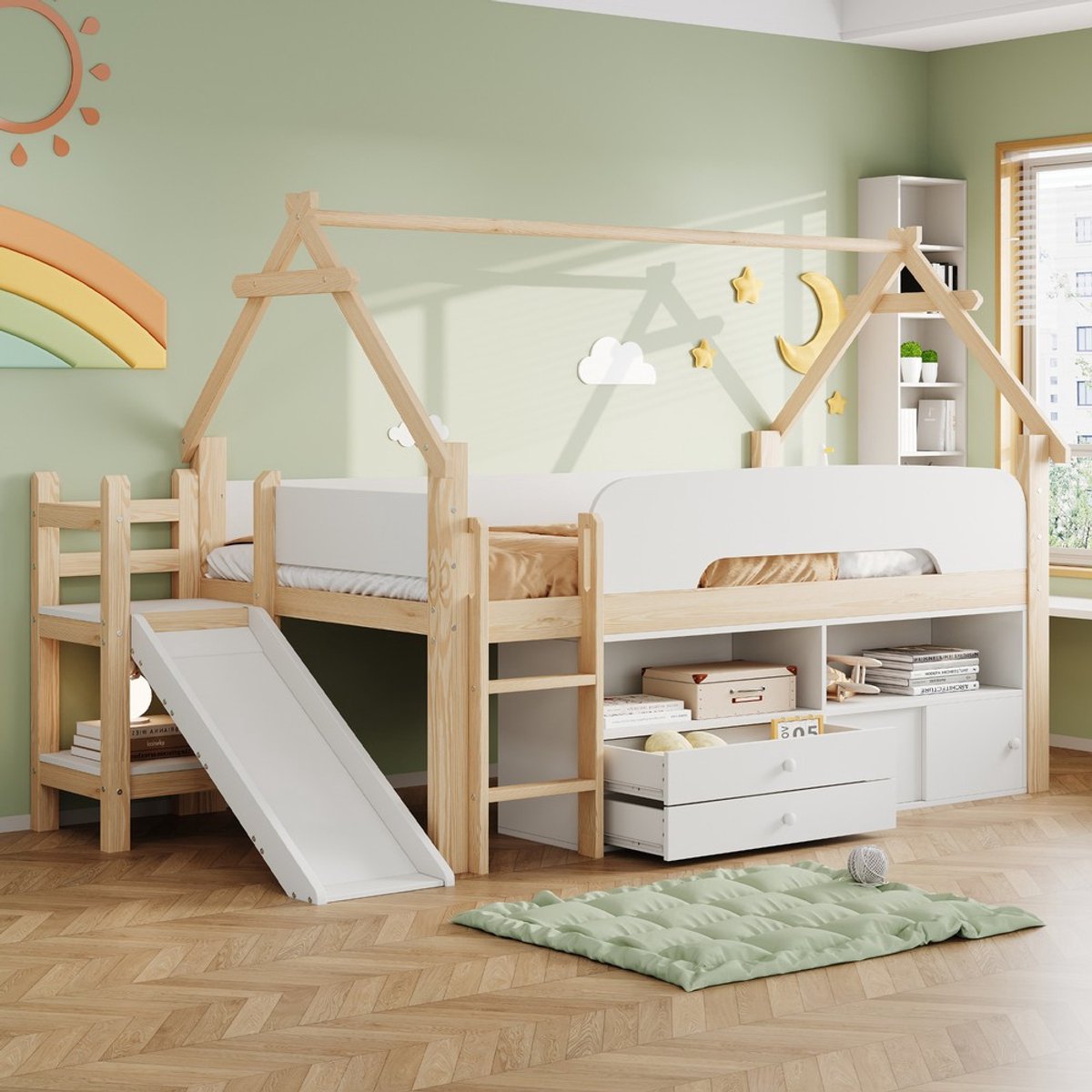 KOMHTOM Kinderbed 90 x 200, dakvormig frame, met veiligheidsglijbaan, met lades en veiligheidshek, speelruimte en opbergruimte, multifunctioneel eenpersoonshoogslaper, houtkleur Natuurlijk + wit