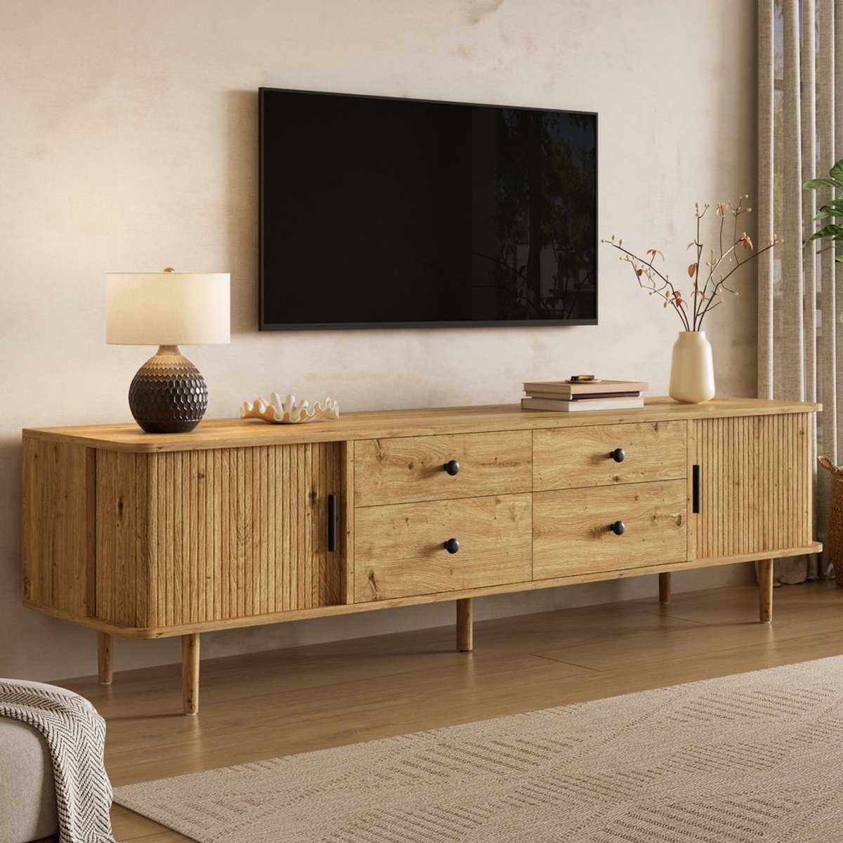 KOMHTOM TV-lowboard 165 cm, MDF-tv-kast met 4 lades en 2 schuifdeuren, ruime opbergruimte, afgeronde hoeken Hout
