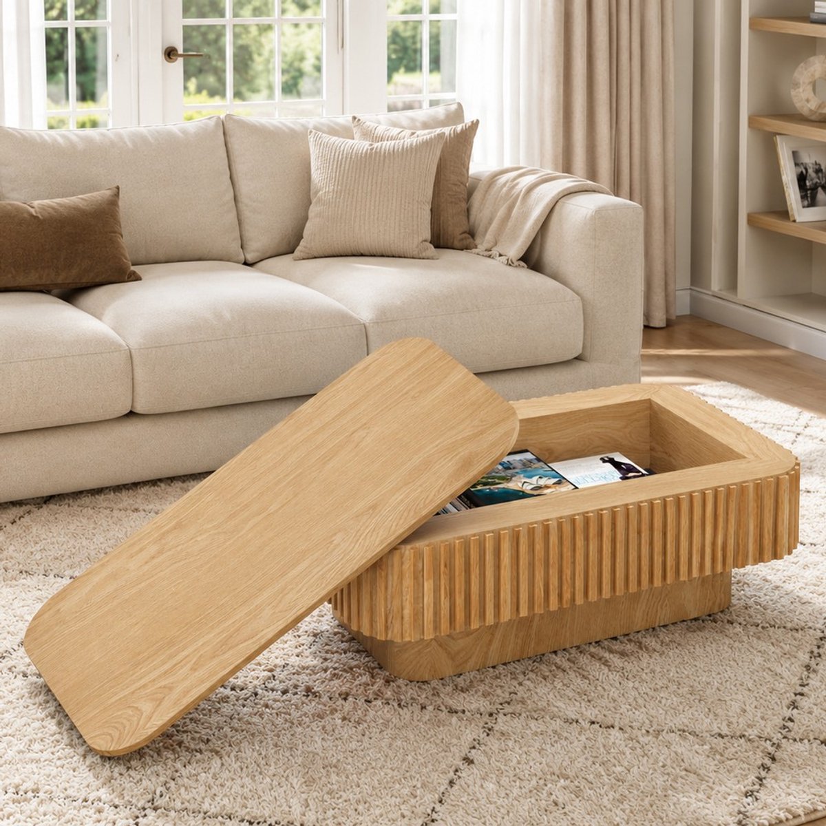 KOMHTOM Rechthoekige, geribbelde salontafel van 98 cm met verborgen opbergruimte, moderne cocktailtafel van massief hout met fineer, eenvoudig in 5 minuten te monteren accenttafel voor de woonkamer, slaapkamer, appartement of kantoor, naturel hout Natuurlijk hout