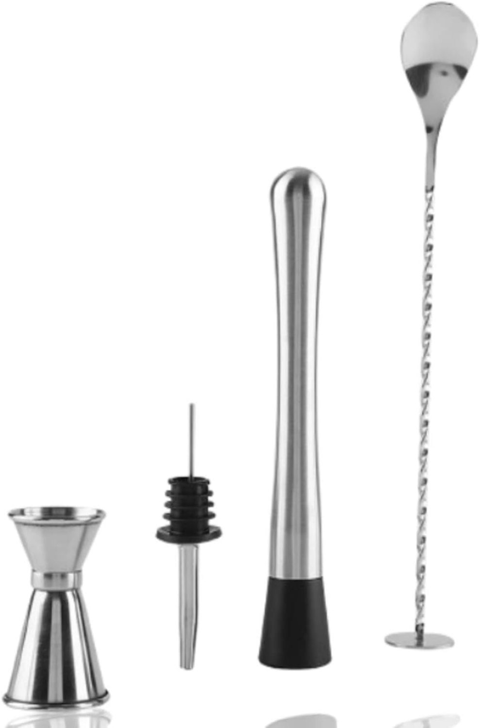 Levo® IJscrusher - Roestvrijstalen Cocktail Stamper met Cocktaillepel - Barman Set - Mojito Stamper - IJsvergruizer - Stamper - Shaker met Maatbeker - Bar Accessoires voor Keuken - Restaurant - Zilver - 22cm x 5cm x 5cm
