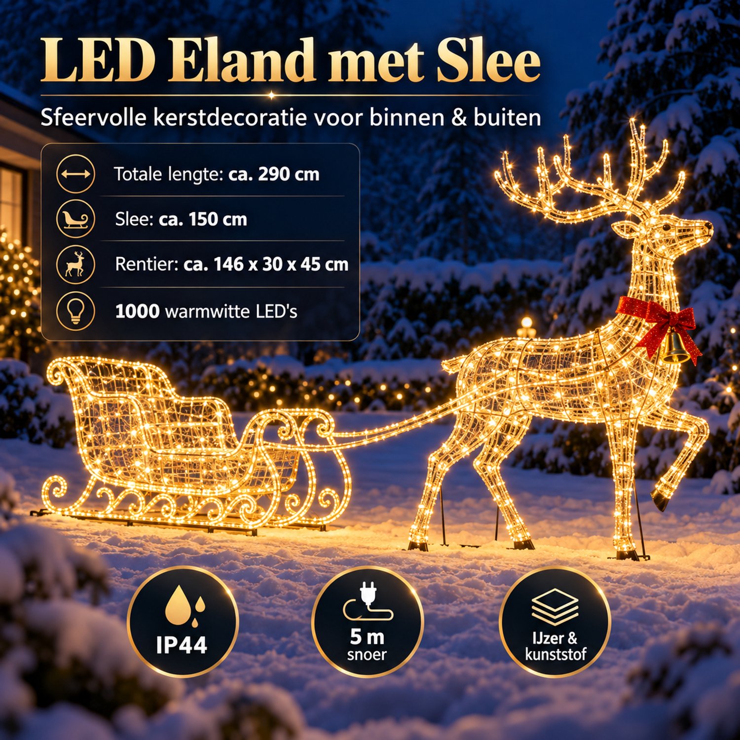 X-Mas Eland met Slee met LED Kerstverlichting voor Buiten totaal 290 cm 1000 LED lampjes IP44 – foto 5