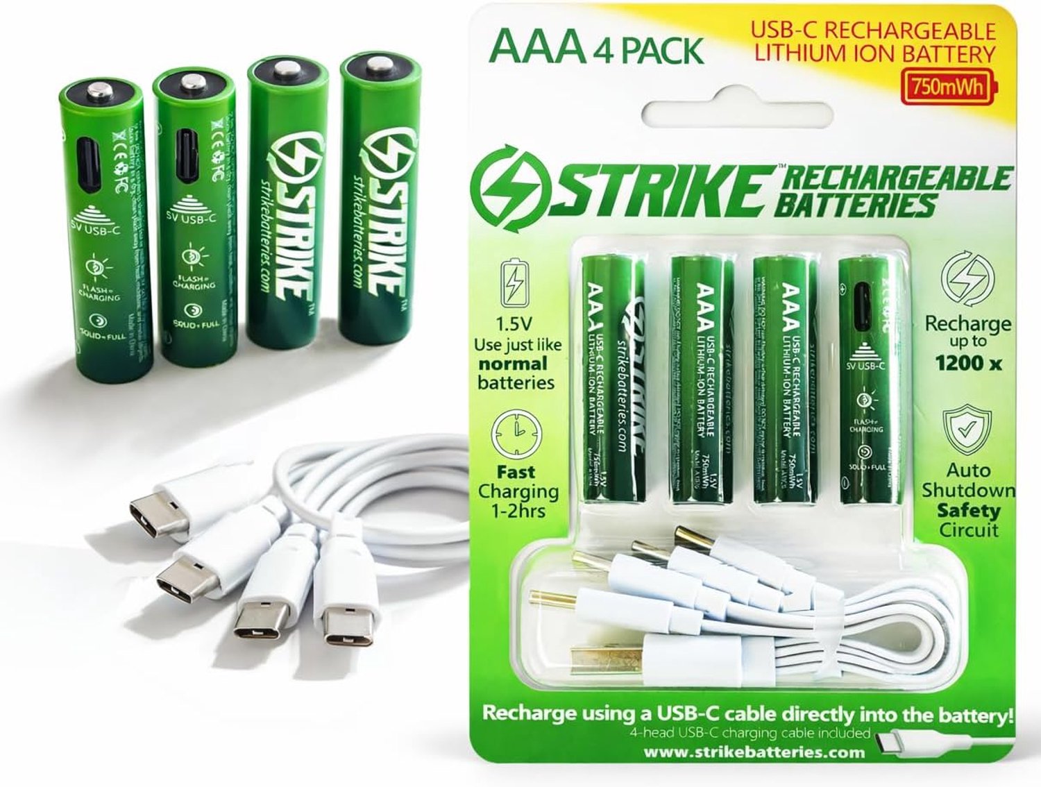 AAA Battery Lithium Ion 4 Pack Smart LED 1.5V 750mWh USB-C Rechargeable with Charging Cable, No Charging Box Needed! - ShopVlot