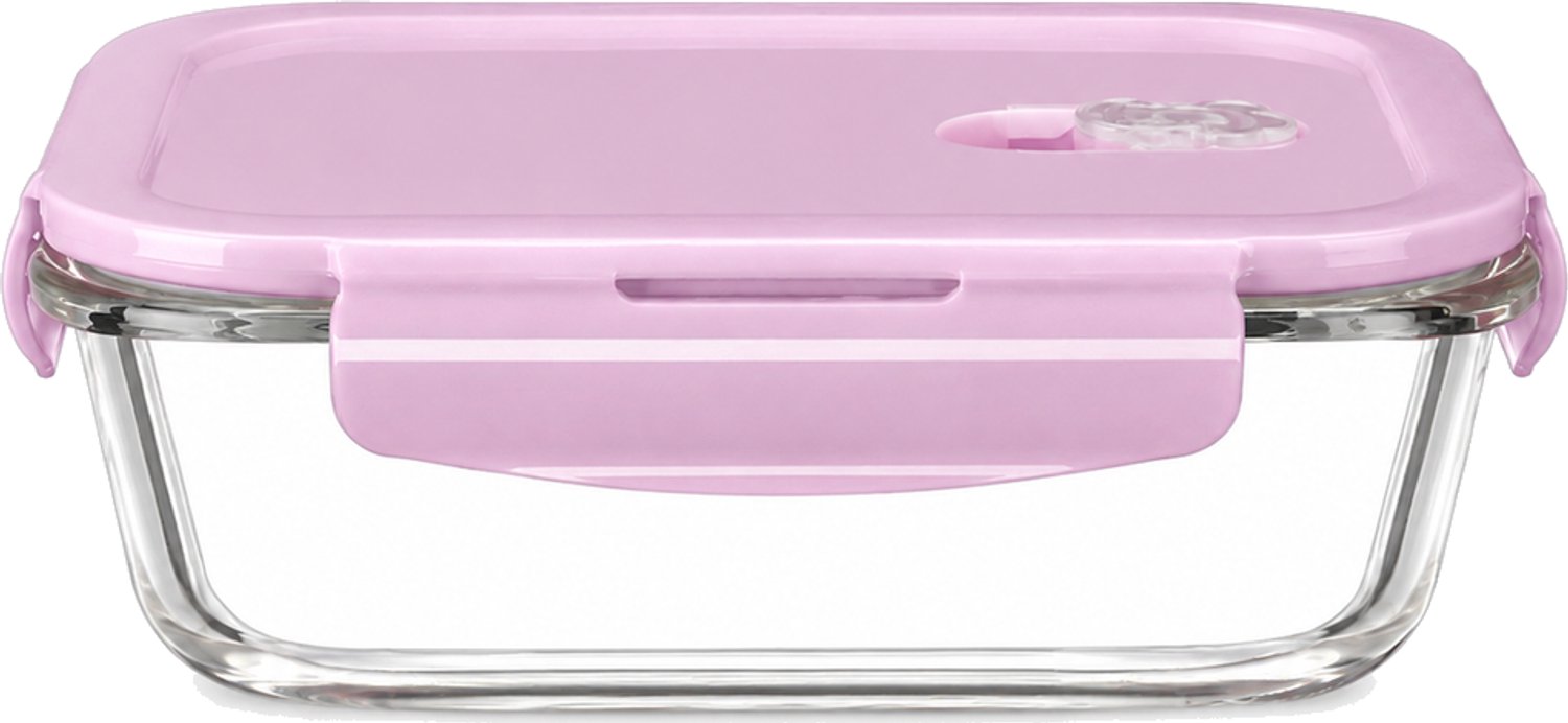 Broodtrommel 370 ml van hoog borosilicaatglas, rechthoekig, met roze deksel