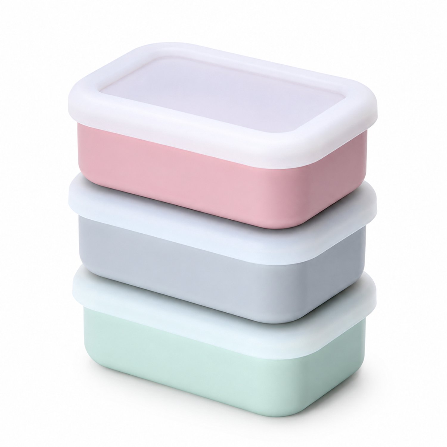 Set van 3 broodtrommels met deksel, rechthoekig, elk 250 ml, siliconen, roze, grijs en groen