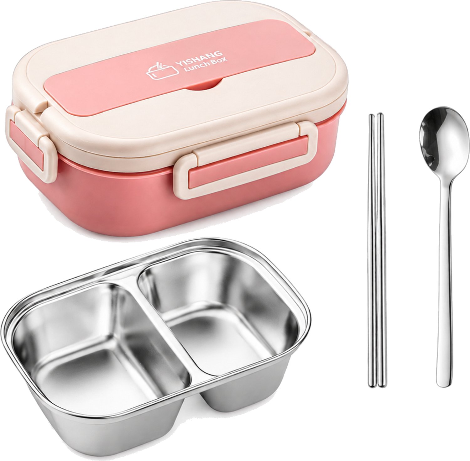 Roze broodtrommel met tweevaks binnenbak van 304 RVS, lepel en eetstokjes, 19,5 × 13,5 × 8 cm