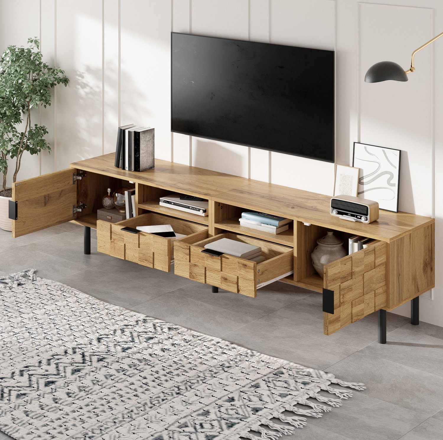 Maisentiel TV-meubel 160 cm met mozaïekfronten, 2 deuren, 2 laden, spaanplaat, naturel