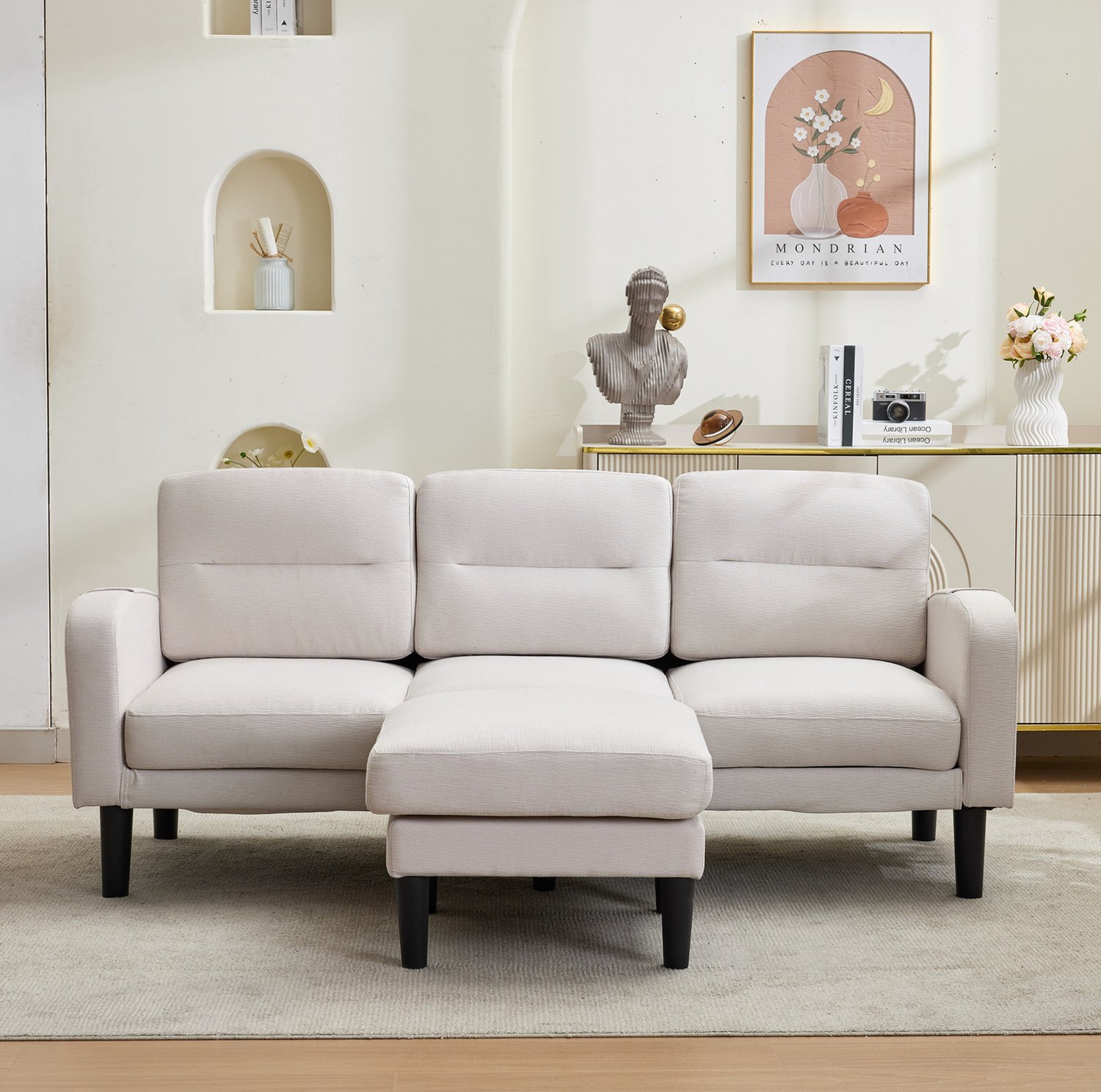 Wishdor L-vormige hoekbank met chaise longue - Driezits - Modulaire opstelling met 6 opbergvakken - Afneembare zitkussens en rugleuning - Moderne stijl - Woonkamer - Stof - Beige - 204 x 136 x 80 cm