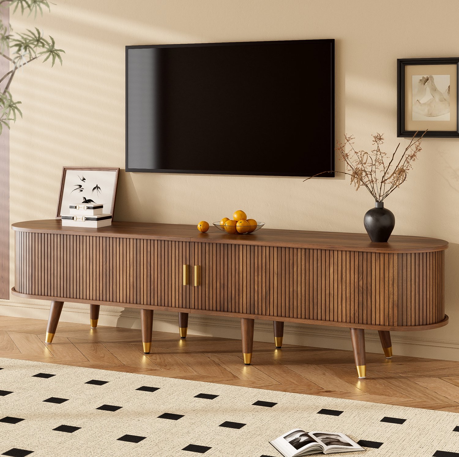 Maisentiel TV-meubel 175 cm met rattan schuifdeur, MDF, walnootlook en opbergruimte