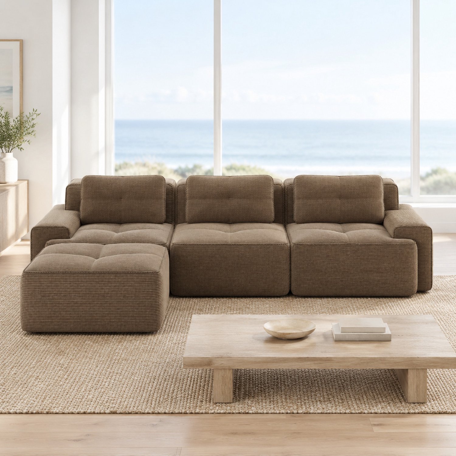 WUVRIE Modulaire hoekbank 293x177 cm - 3-zits met ottoman en 74 cm zitdiepte - Bruin