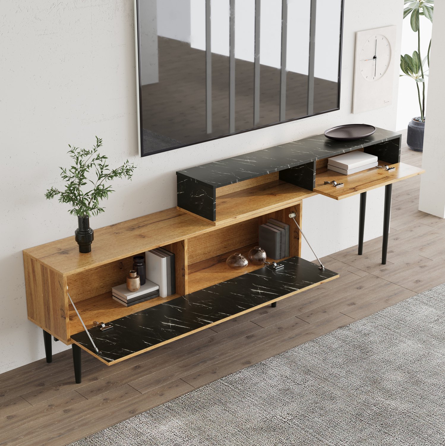 TV-meubel 129-200 cm verstelbaar, marmerlook, MDF, ijzeren poten, houtkleur