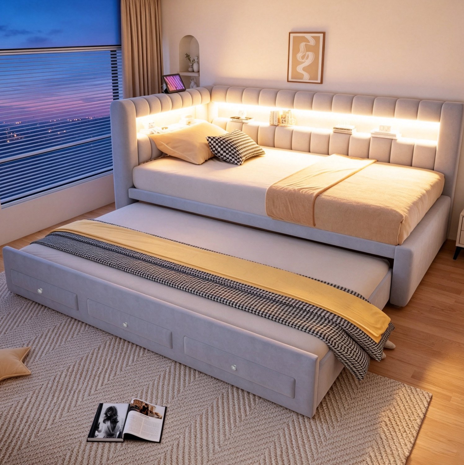 MODENUIT Bedbank – Uitschuifbed Met Laden – 90 x 190 cm – Velours – Lichtgrijs – Ledverlichting en Usb C Aansluiting