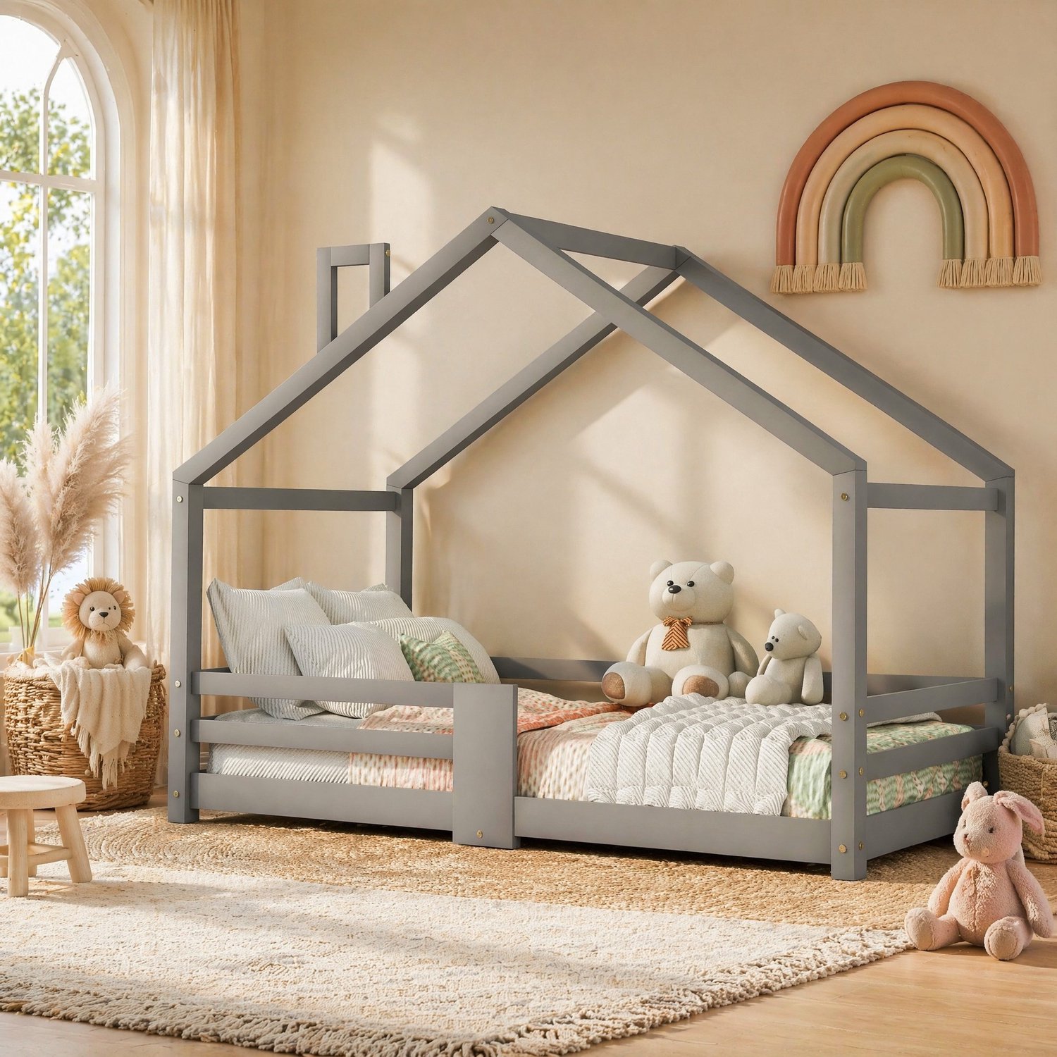 Kinderhuisbed 90 x 200 cm met uitvalbeveiliging en lattenbodem - hout - grijs
