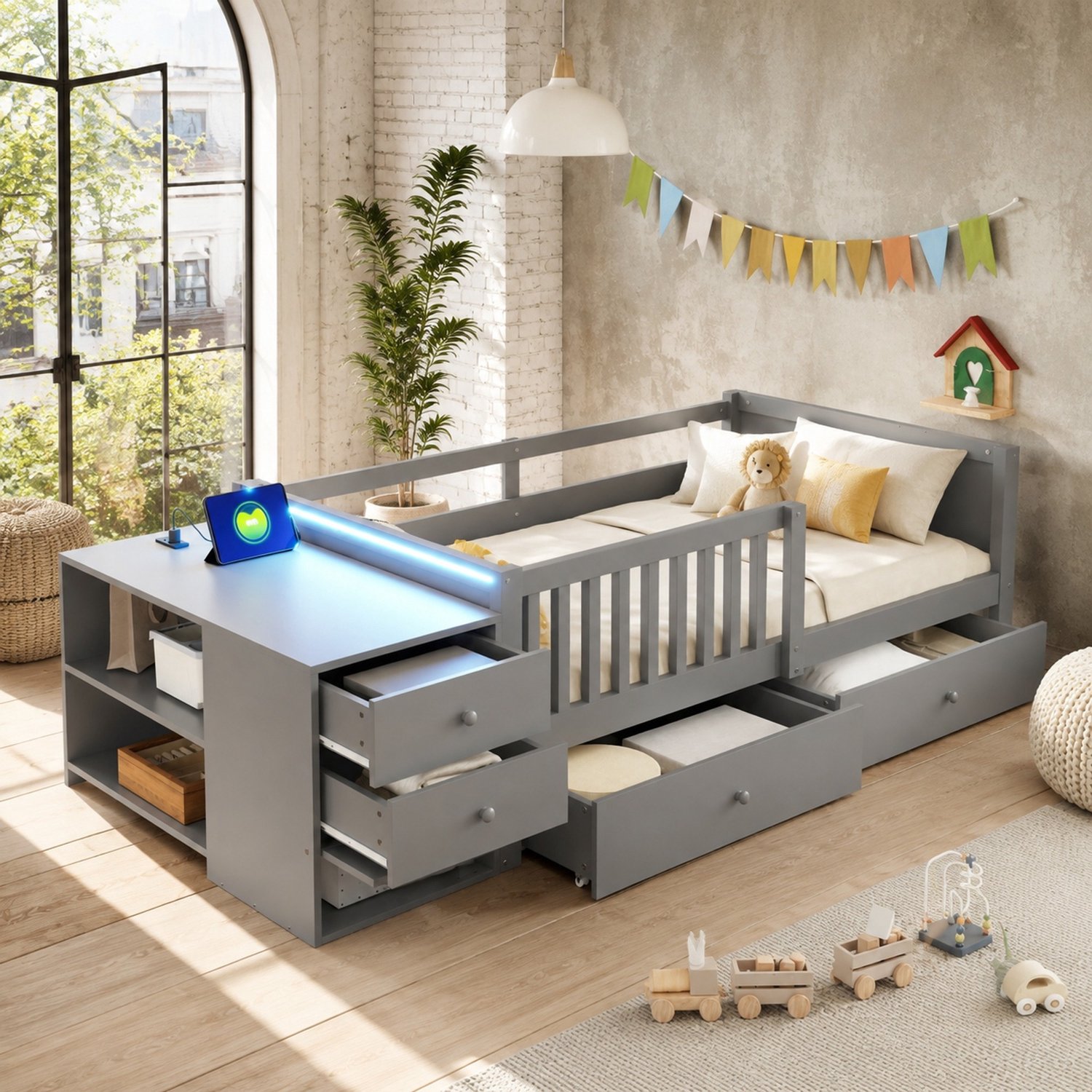 DESMIU Kinderbed 90 x 200 cm – Hoogslaper Met Bureau, LED En Stopcontact – Opbergruimte Met Lades – Kinderkamer – Metaal En Hout – Zonder Matras – Grijs