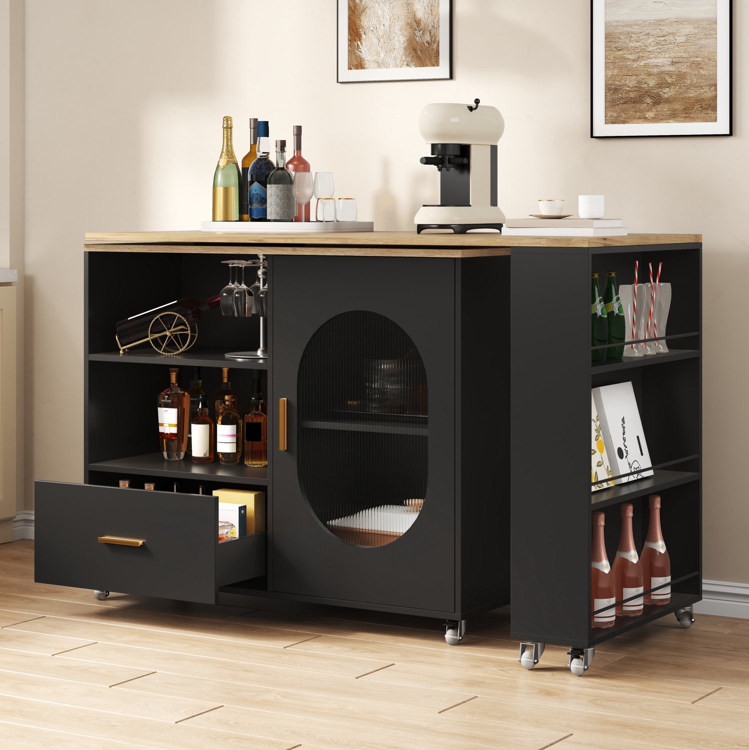 OKWISH Keukeneiland Met Draaibaar Werkblad Voor Keuken En Eethoek In Naturel Zwart MDF En Metaal 120 Tot 180 x 60 x 90 cm Naturel en zwart