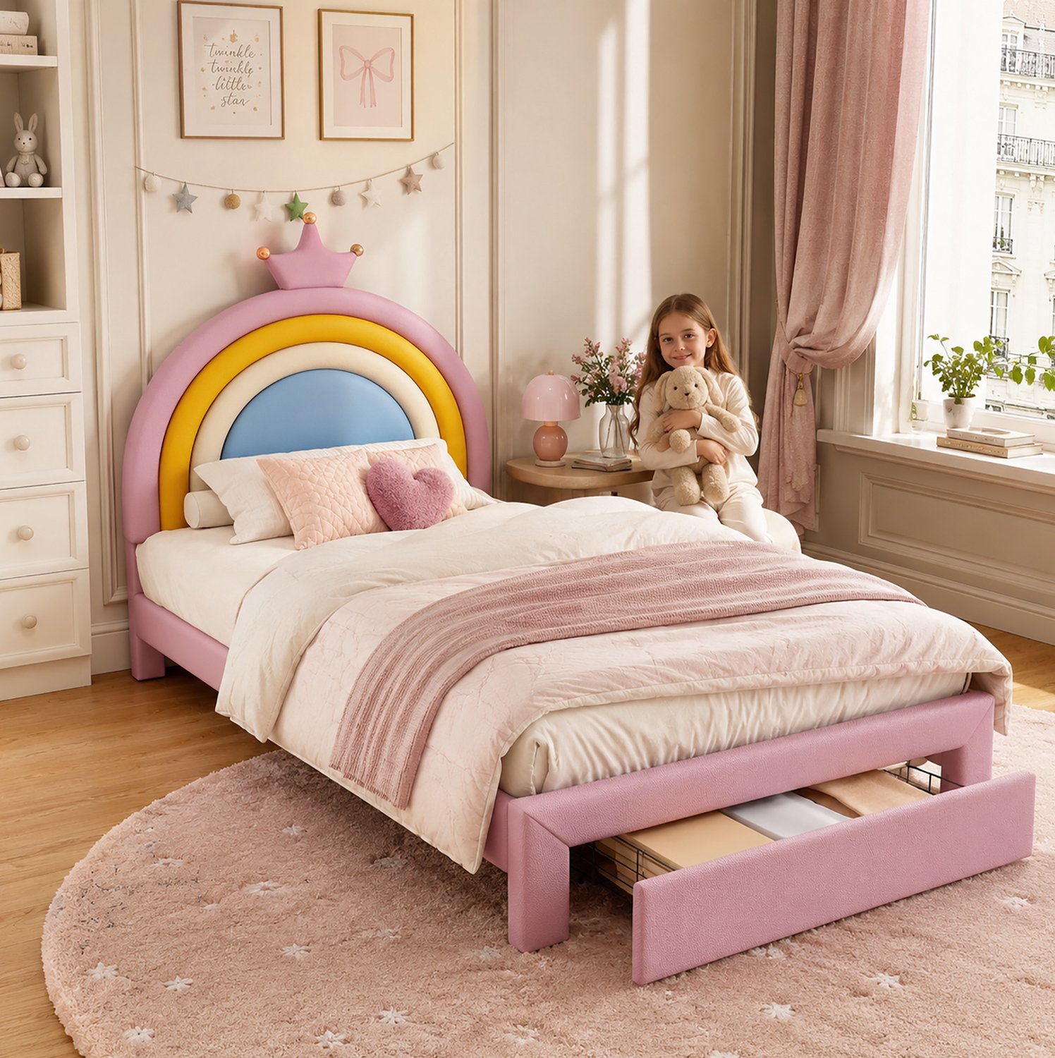 MIVRAY Kinderbed 90 x 200 cm - Regenboog en Kroon met Verstelbaar Hoofdeinde en Bedlade - Voor Kinderkamer - Kunstleer - Roze Zonder Matras