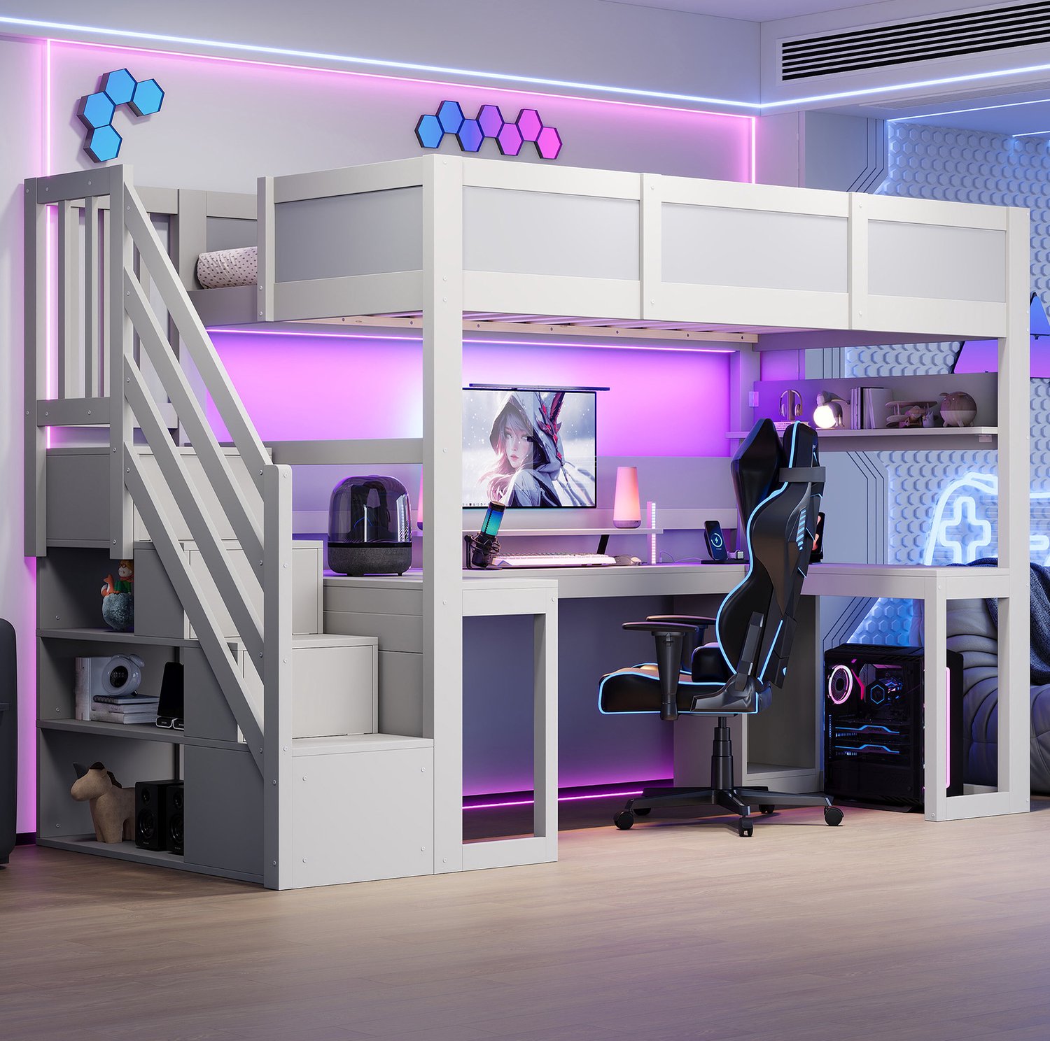 Wishdor Hoogslaper 90x200 cm - Met bureau en USB-aansluiting - LED-verlichting met 7 kleuren - Opbergruimte in trap - Gaming design - MDF en hout - Wit