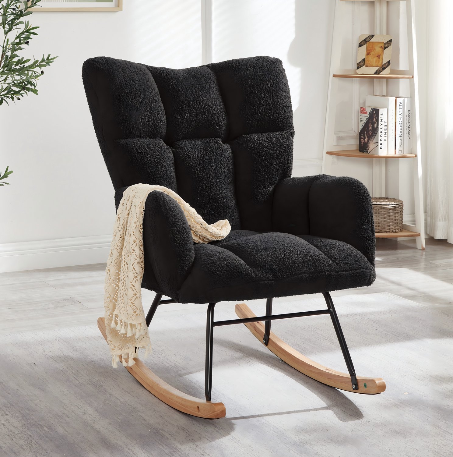 CHICFURN Schommelstoel - Zachte stof - Houten onderstel - Donkergrijs