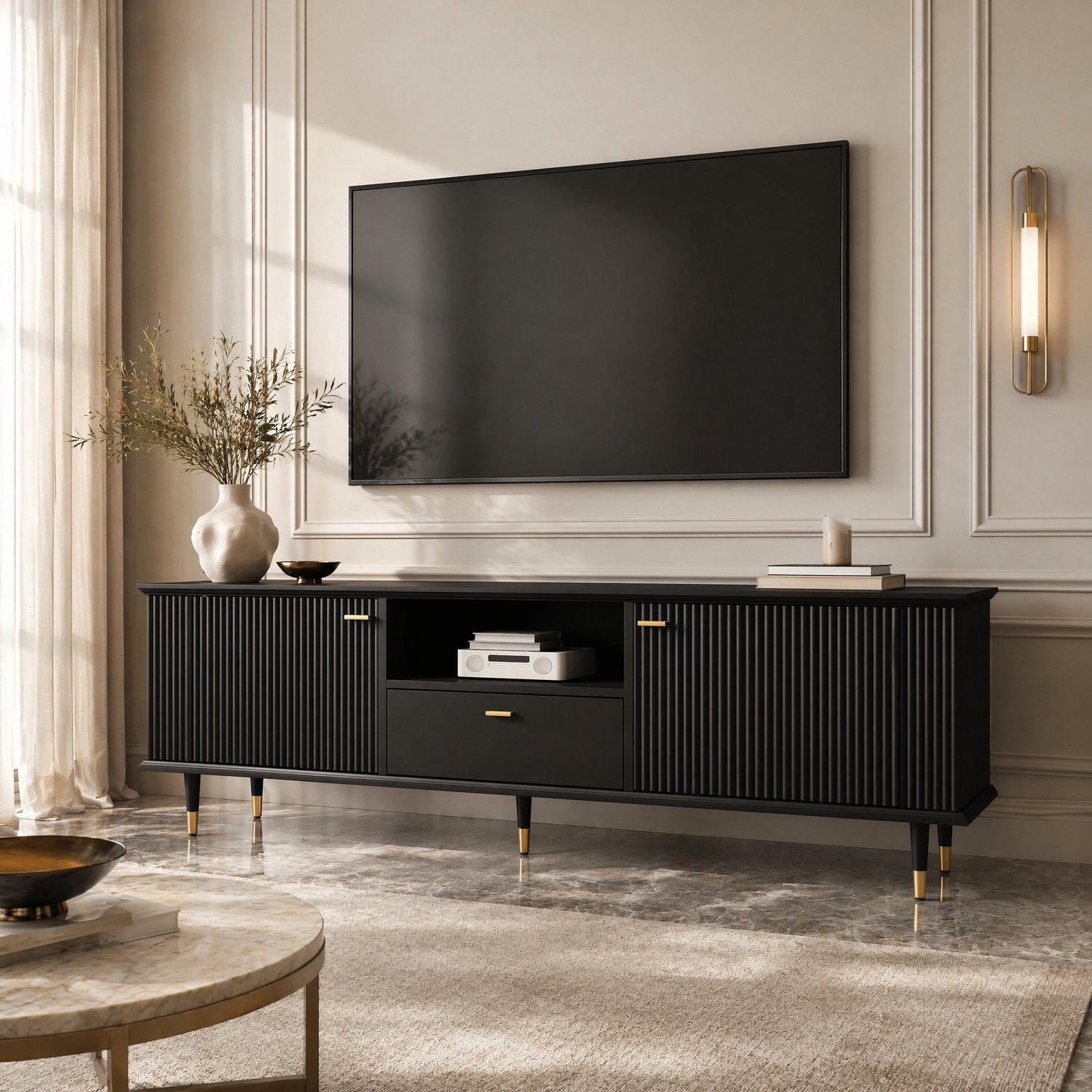 Maisentiel TV-meubel 170 cm met 2 deuren, lade en kabeldoorvoer, MDF, zwart