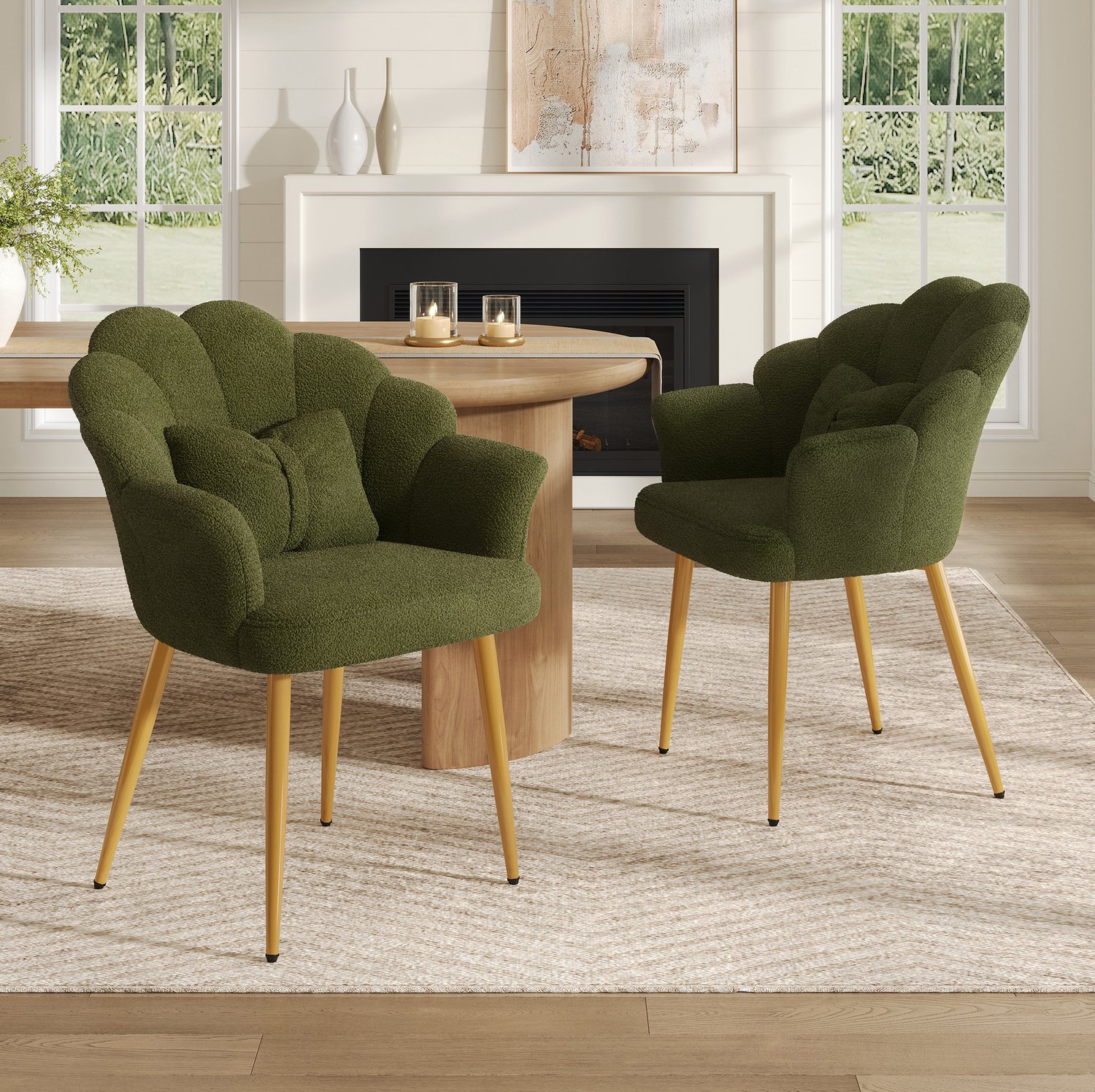 OKWISH Fauteuil Set Van 2 64 Bij 65,5 Bij 85 Cm - Zachte Teddystof Met Armleuningen En Kussens - Eetkamer Of Slaapkamer - Groen