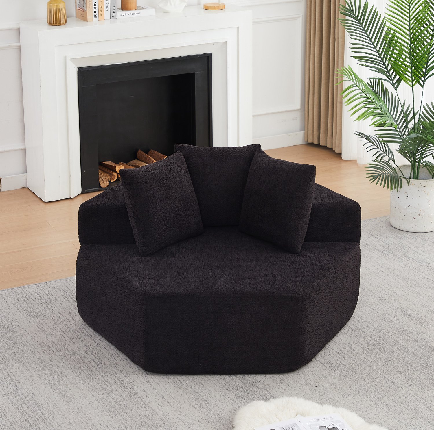 Wishdor Fauteuil - Zeshoekig modulair ontwerp - Drie kussens en armleuningen - Moderne stijl - Woonkamer zithoek - Chenille stof - Zwart - 122 x 138 x 76 cm