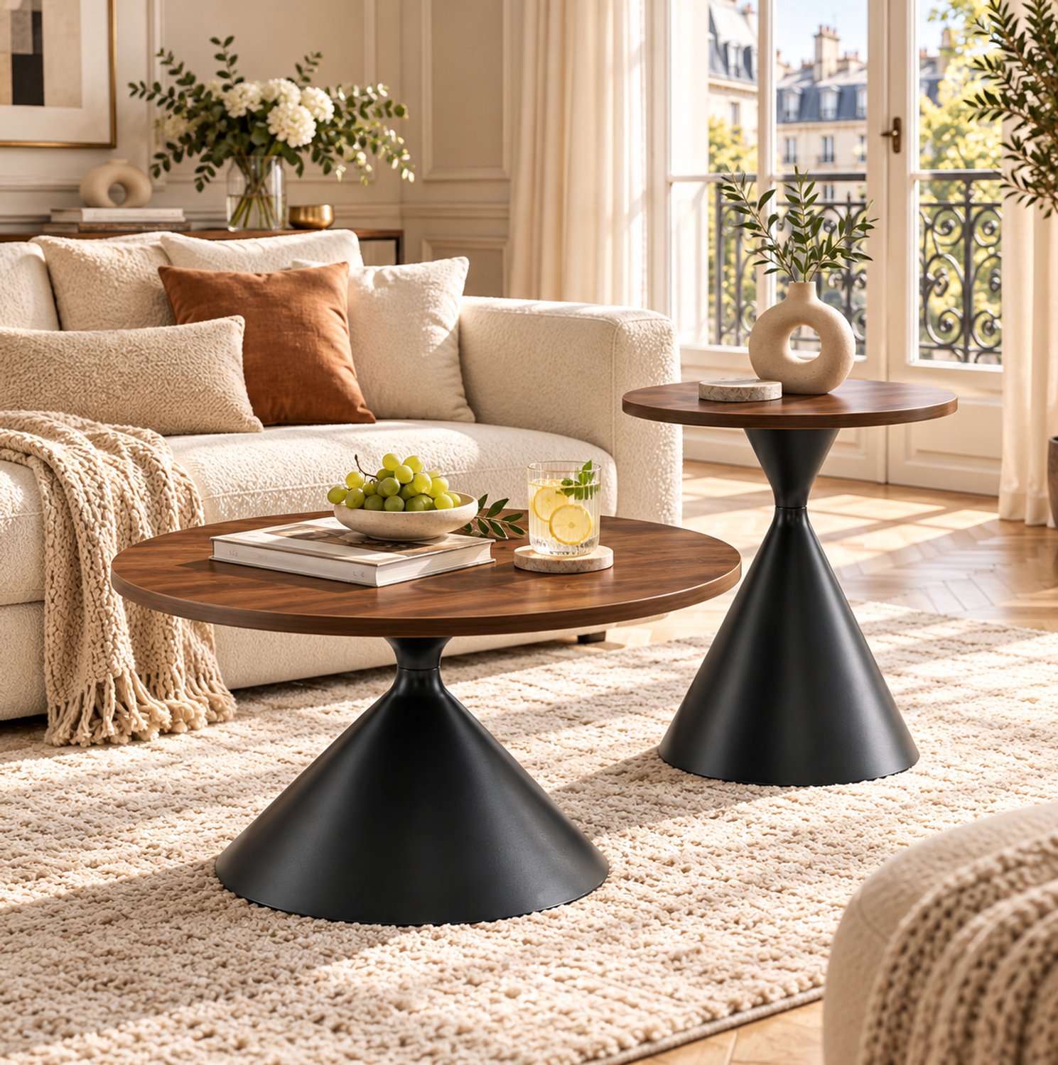 WUVRIE Ronde salontafel- en bijzettafelset Ø70/50 cm - Melamine en zwart staal - Walnoot/zwart Walnootkleurig