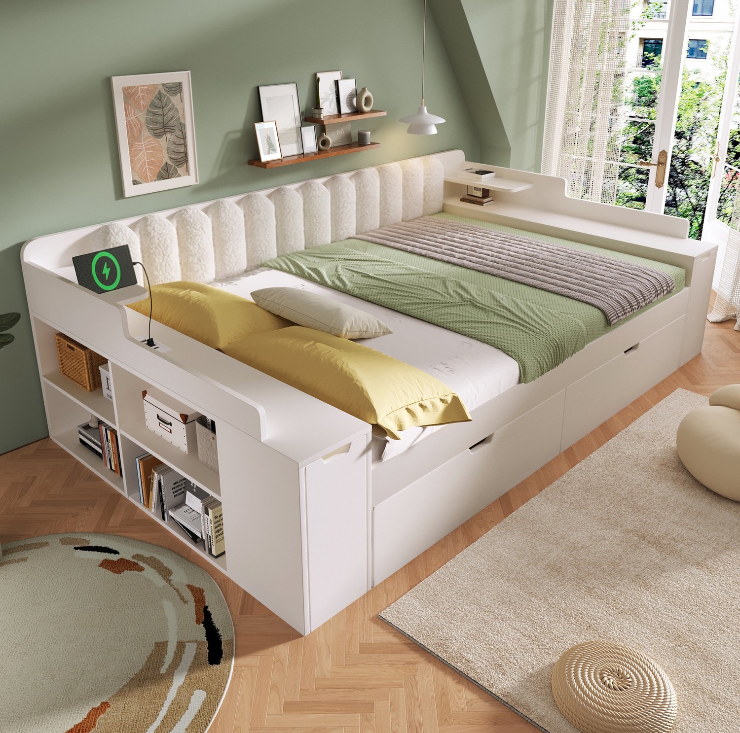 MODENUIT Slaapbank Met Laadstation – 140 x 190 cm – MDF En Metaal En Sherpastof – Wit – 2 Lades – Metalen Lattenbodem