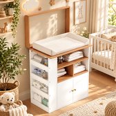 2-in-1 Luiercommode - Kaptafel - Opslagkastje - Commode Kast - Multifunctioneel Ladekast - Verstelbare reling - Met open vakken - 82x50x100 cm - Stabiel en duurzaam - Wit,natuurlijke kleuren