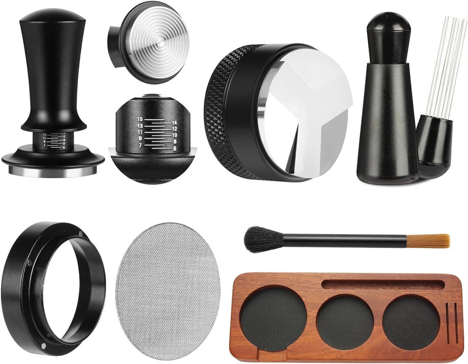 Espresso Accessoireset 7-delig - Met Tamper 58 mm, WDT-tool en Koffieverdeler - Houten Tampstation - Doseertrechter, Borstel en Puckscreen