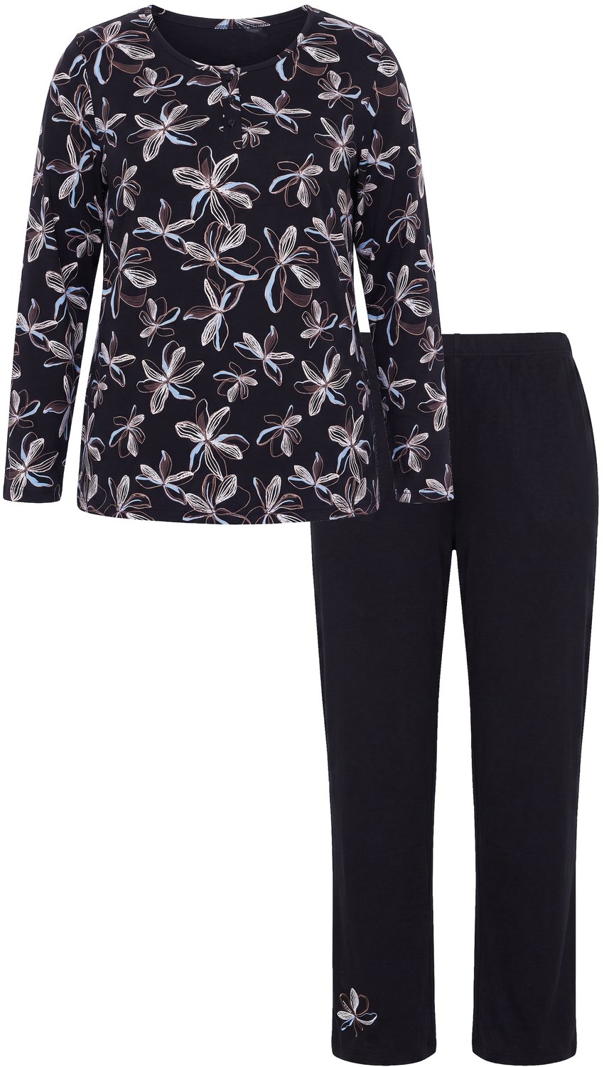 Ulla Popken - Dames - Pyjama bloemenprint Henley-hals lange mouwen - Zwart - Maat 42+