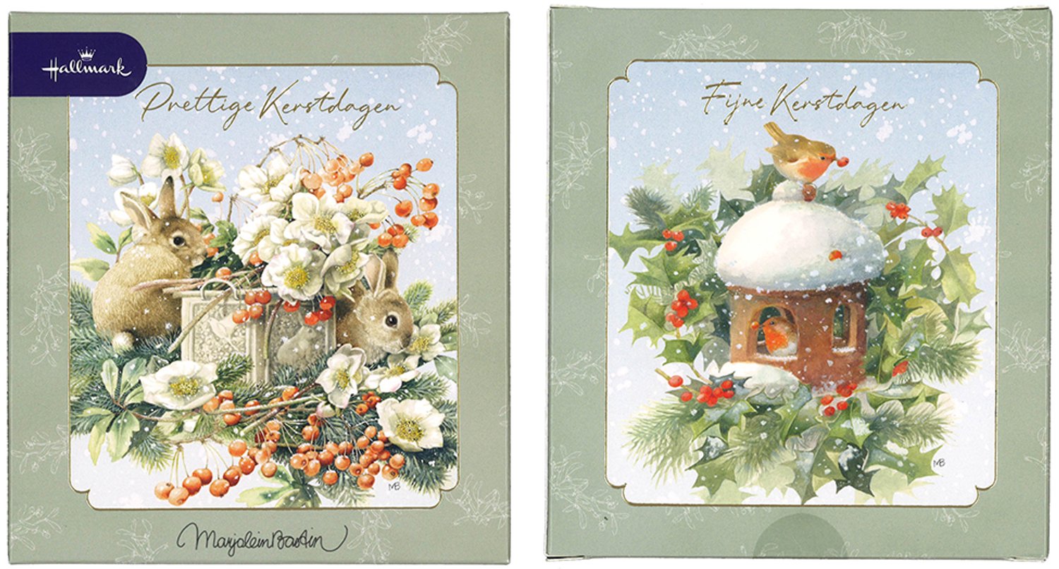 Hallmark - Marjolein Bastin - 32 Kerstkaarten - 2 Boxjes - Konijntjes & Vogeltjes - Goudfolie - Kerst - Nieuwjaar - 12 x 13.5 cm