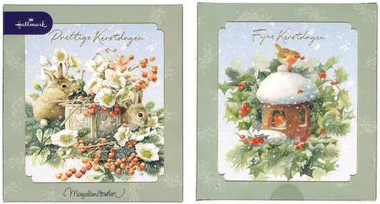 Twee kerstkaartontwerpen: één met konijntjes, bloemen en bessen; één met vogeltjes, een vogelhuisje en hulst.