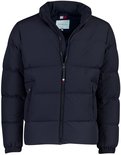 Open donkerblauwe gewatteerde jas met Tommy Hilfiger-label in de hals.