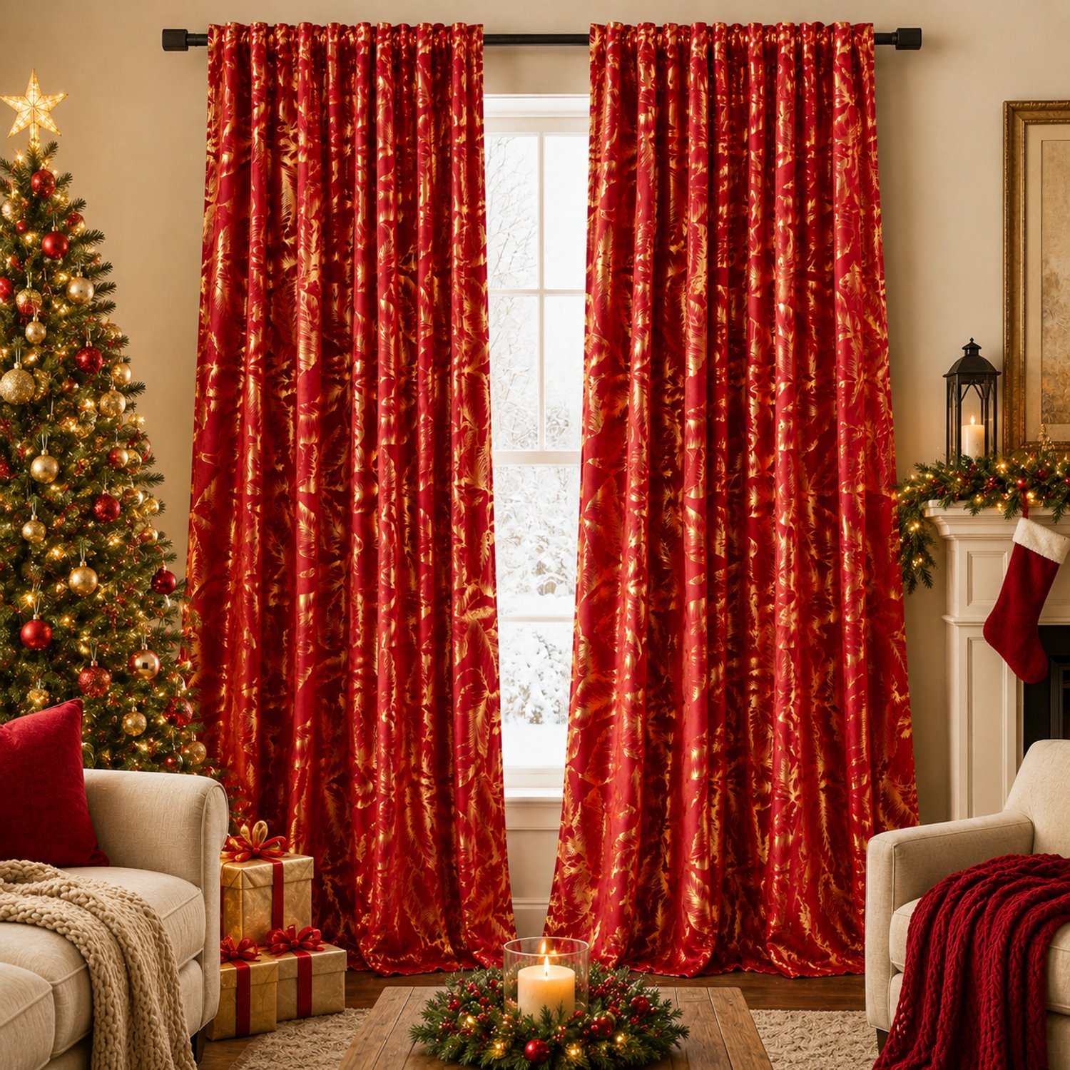 MUPOO Fluwelen Gordijnen met Multifunctionele Ophangband - Verduisterend Gordijn met 93% Lichtblokkering en Gouden Bladpatroon - Privacy Gordijn voor Woonkamer en Slaapkamer - Rood - 132 x 214 cm - 2 Stuks