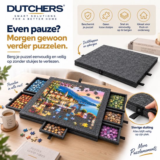 Grijze vilt puzzeltafel met 6 lades, getoond in geopende puzzelmodus en in een dichtgeklapte opbergstand.