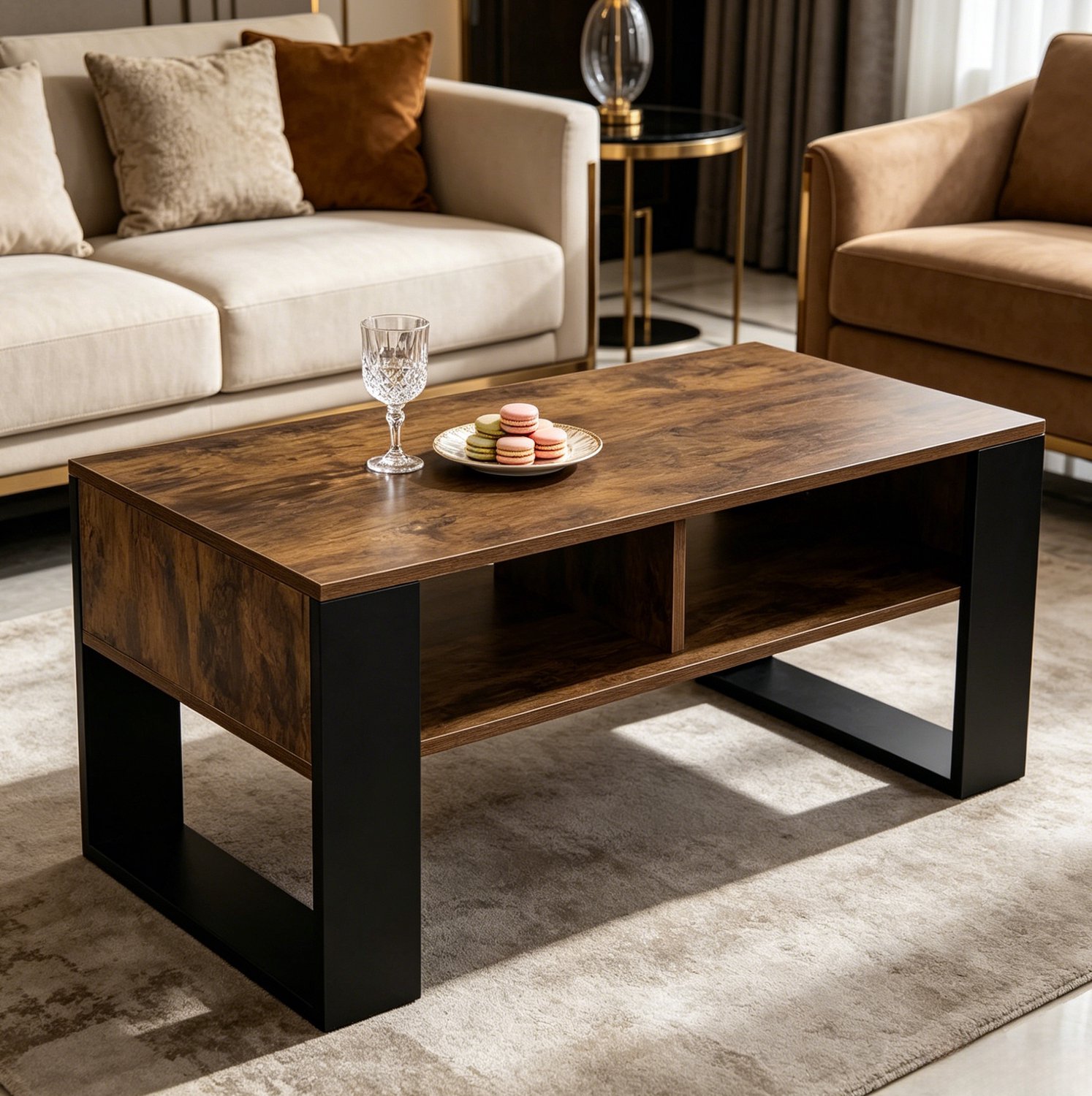 WUVRIE Salontafel 90 x 45 cm - Met 2 open opbergvakken - Zwart/rustiek bruin