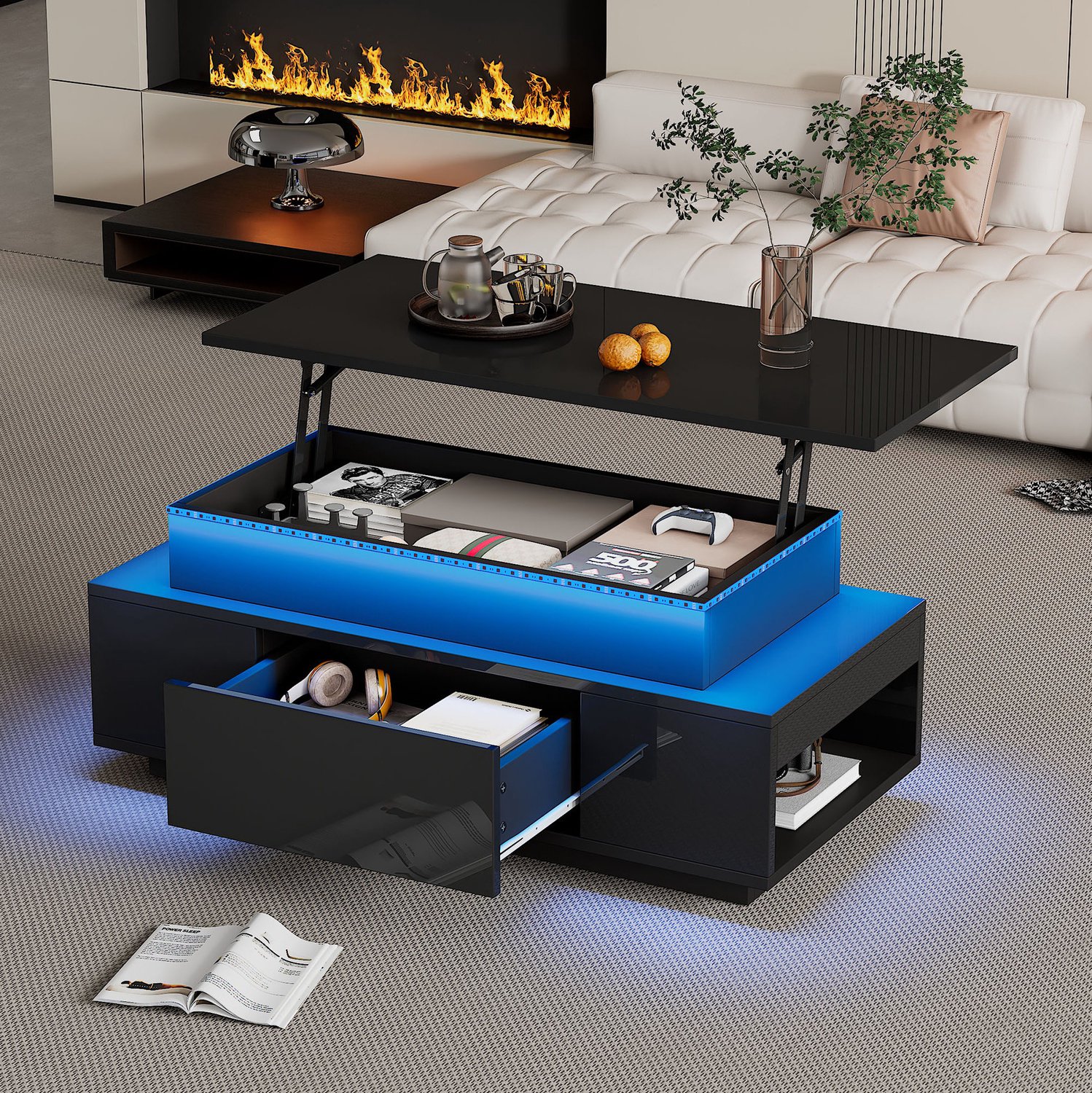 Maisentiel Salontafel 96 x 45 x 40 cm, hoogteverstelbaar met LED, lade, zwart