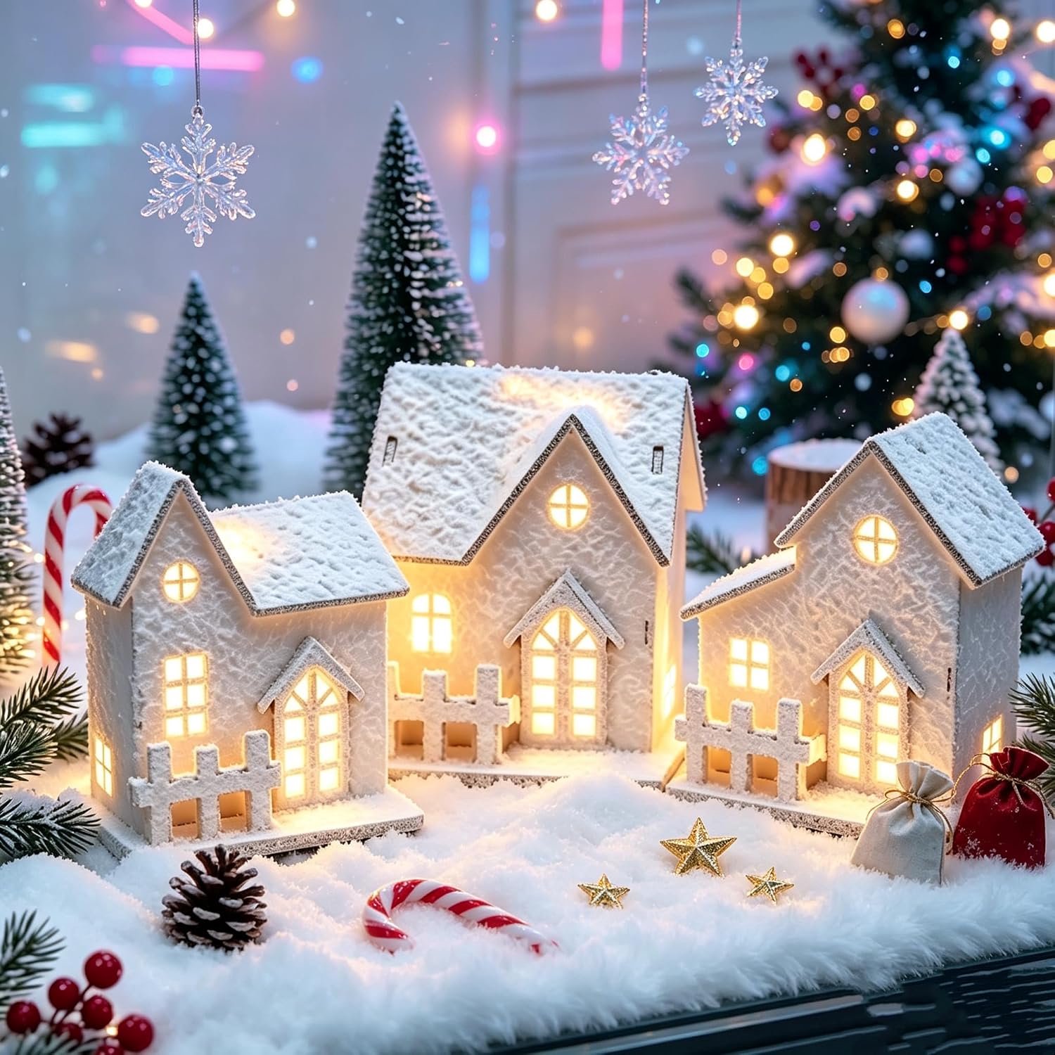Kerstdorp met verlichting, 3 stuks, kersthuis verlicht, kerstdecoratie hout, led, binnen, kabouterhuis met licht, kerststad kerstdecoratie Amerikaans, kersthuizen Kerstmis – foto 3