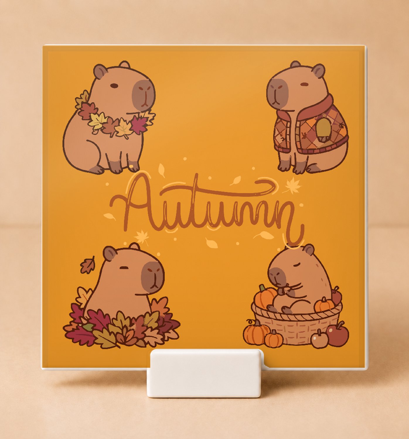 Bedruk King Warme Autumn Tegel – Decoratieve Herfsttegel met Kawaii Dieren Illustratie voor Sfeervolle Woondecoratie - 11 x 11 cm met houder Wit