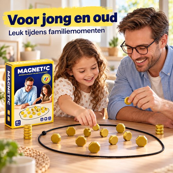 Een man en een kind spelen samen het magnetische spel met goudkleurige stenen aan tafel.