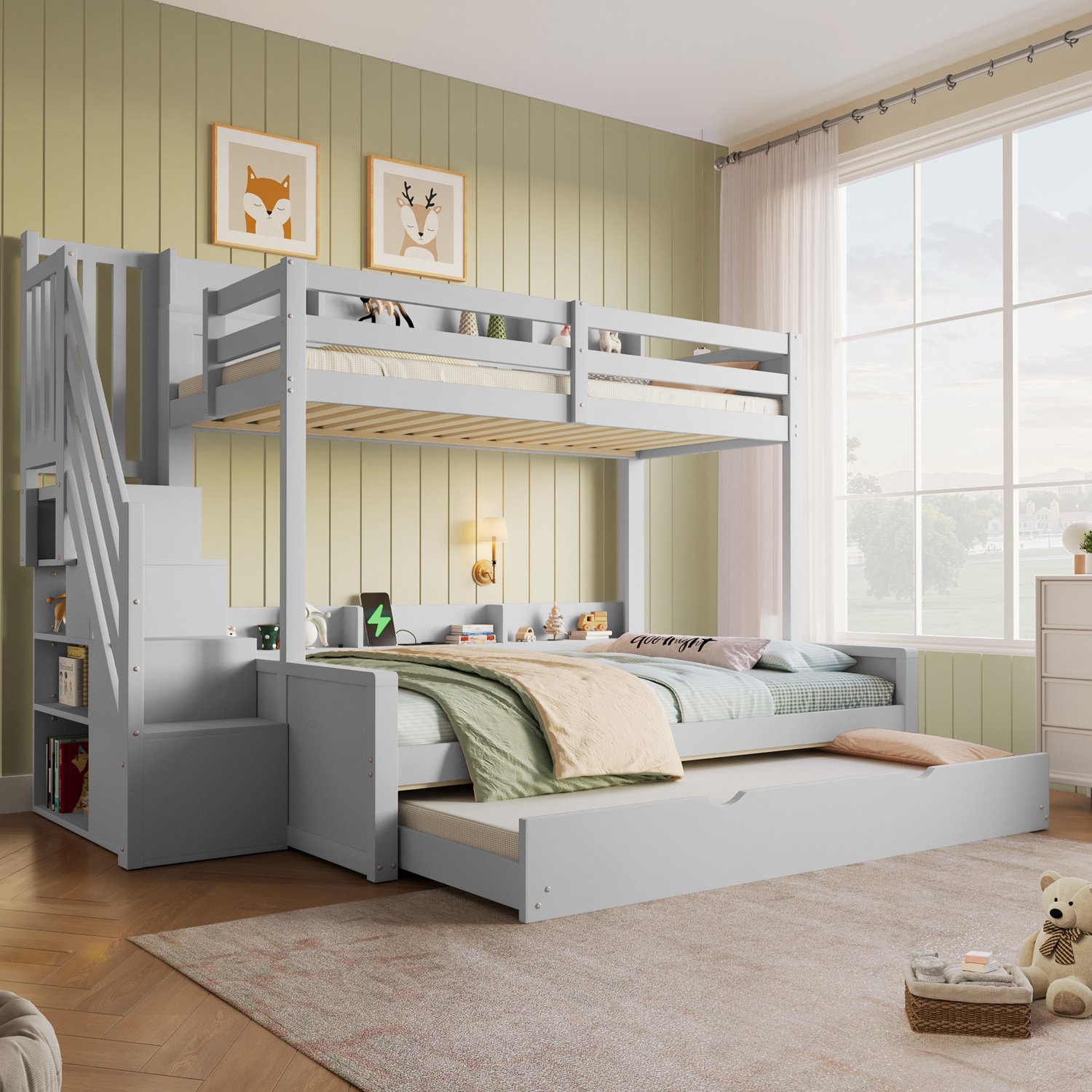 90x200 cm boven 140x200 cm stapelbed met uitschuifbed, Kinderbed, Tweepersoonsbed, USB-aansluiting & geïntegreerde opbergruimte – Multifunctioneel massief houten hoogslaper
