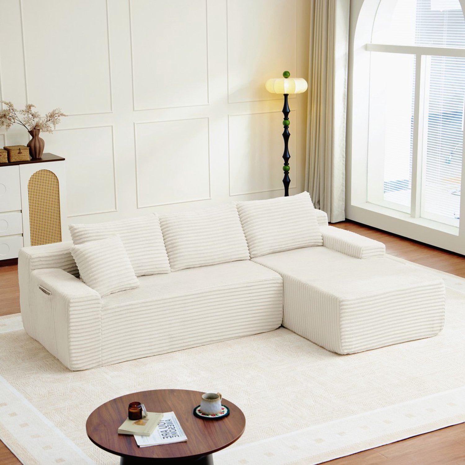 Pugsdrly Modulaire L-vormige corduroybank met een lengte van 239 cm, luxe vloerhoge bankstel, gestoffeerde meubels, compacte, met schuim gestoffeerde bank, geschikt voor woon- en slaapkamers, rechts beige