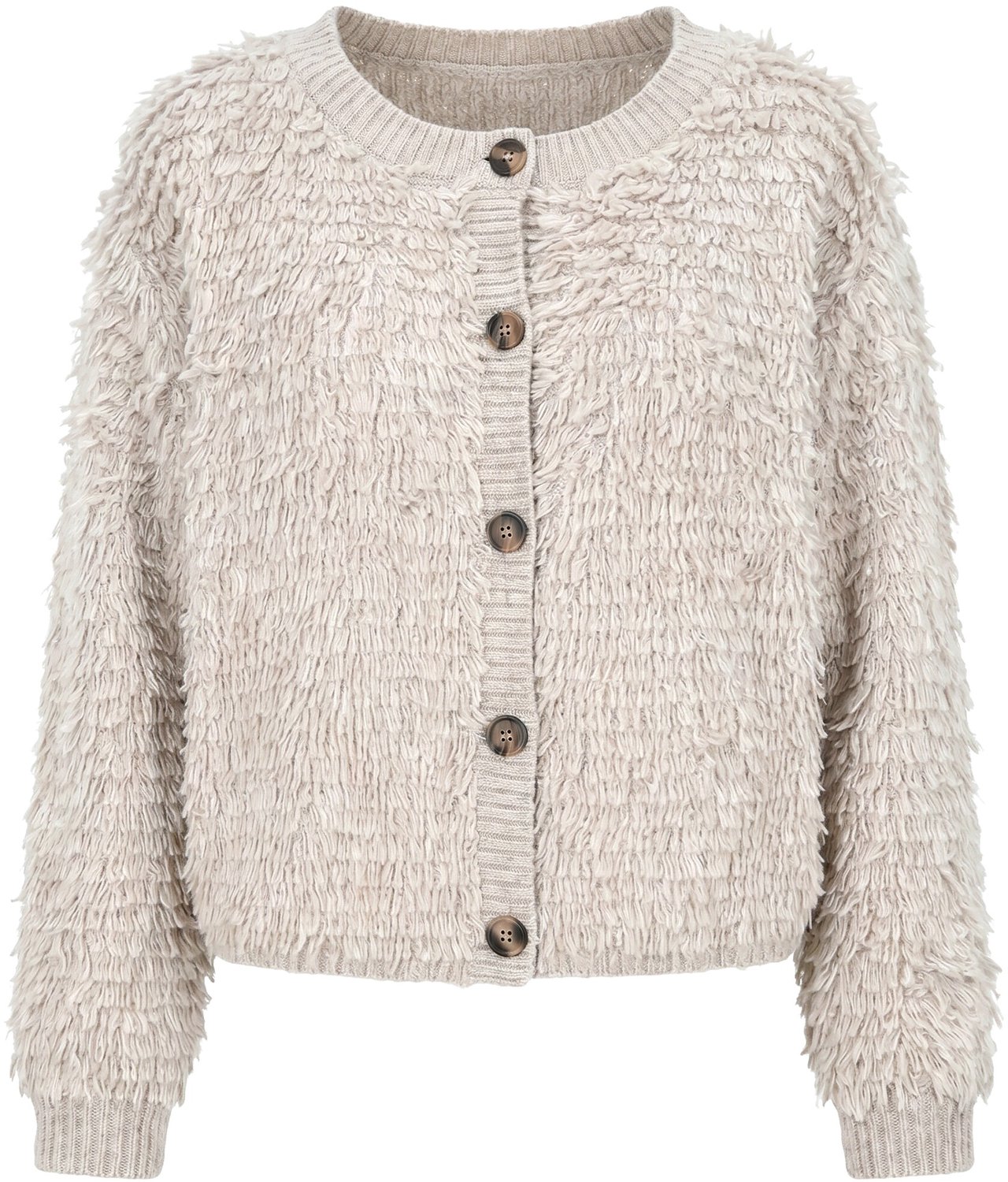Ulla Popken - Dames - Vest effectgaren boxy fit ronde hals lange mouwen - Beige gemêleerd - Maat 50+