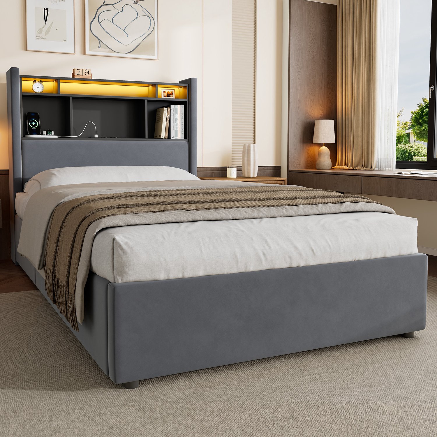 STILVORA Gestoffeerd Bed 90x200 cm – Eenpersoonsbed met Ledlamp & Oplaadfunctie – Hydraulische Opbergruimte – Jeugdkamer – Fluweel – Donkergrijs – Zonder Matras