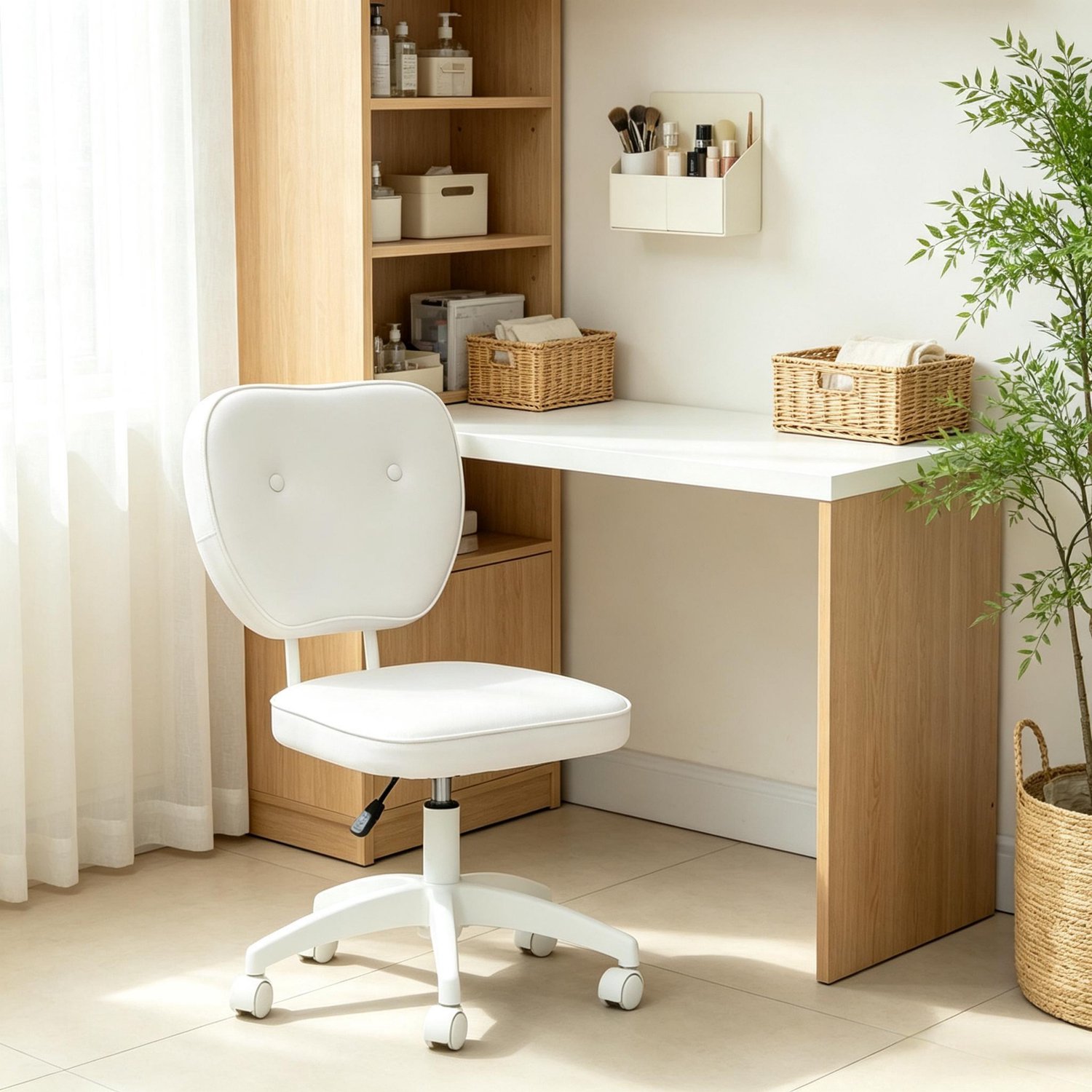 Clruro Bureaustoel - 46x59x82-92 cm - 360° Draaibaar - Verstelbaar - PU en Nylon - Wit