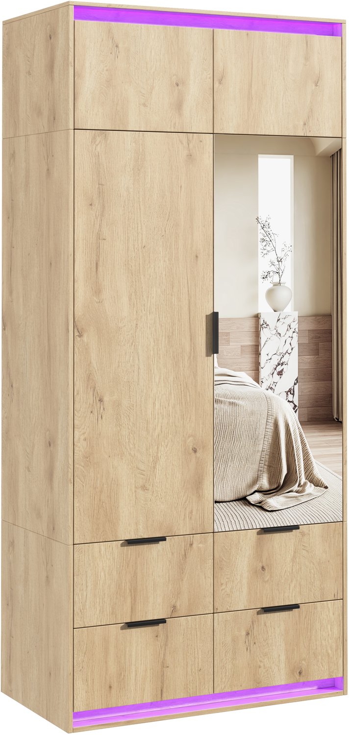 Kledingkast Met Spiegel - 2 Draaideuren - 90 x 47 x 200 cm - Met Kledingroede En 4 Lades - LED-Verlichting - MDF In Eikenlook Voor De Slaapkamer