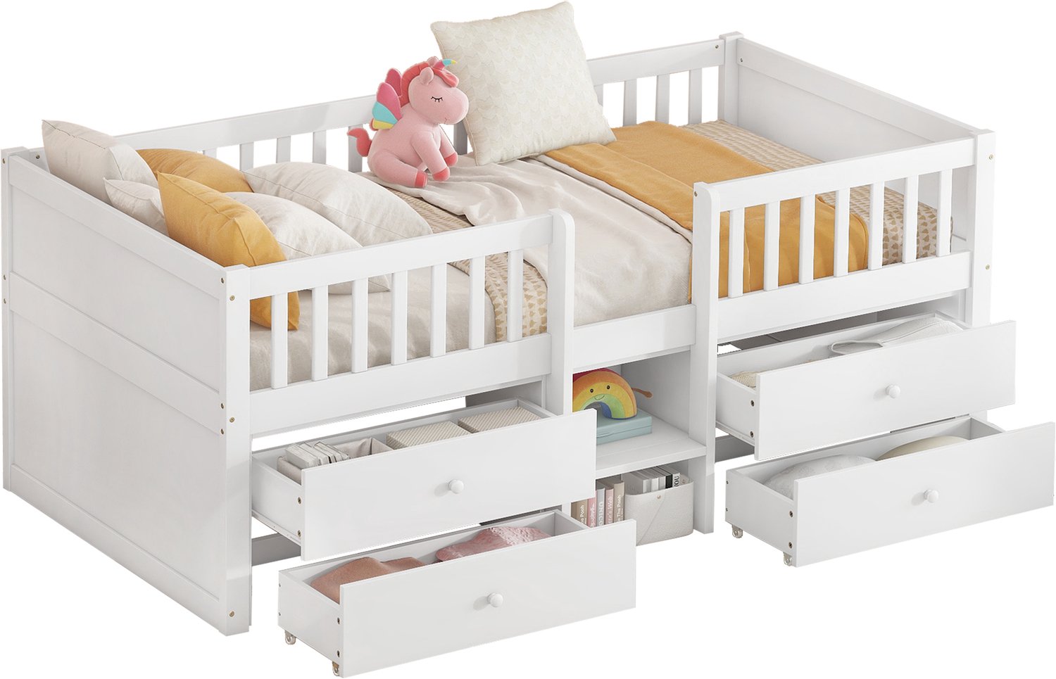 Halfhoogslaper 90x200 cm - Met 4 Lades En Ladder - Uitvalbeveiliging Rondom - Grenenhout En MDF - Wit Bed Voor De Kinderkamer Zonder Matras
