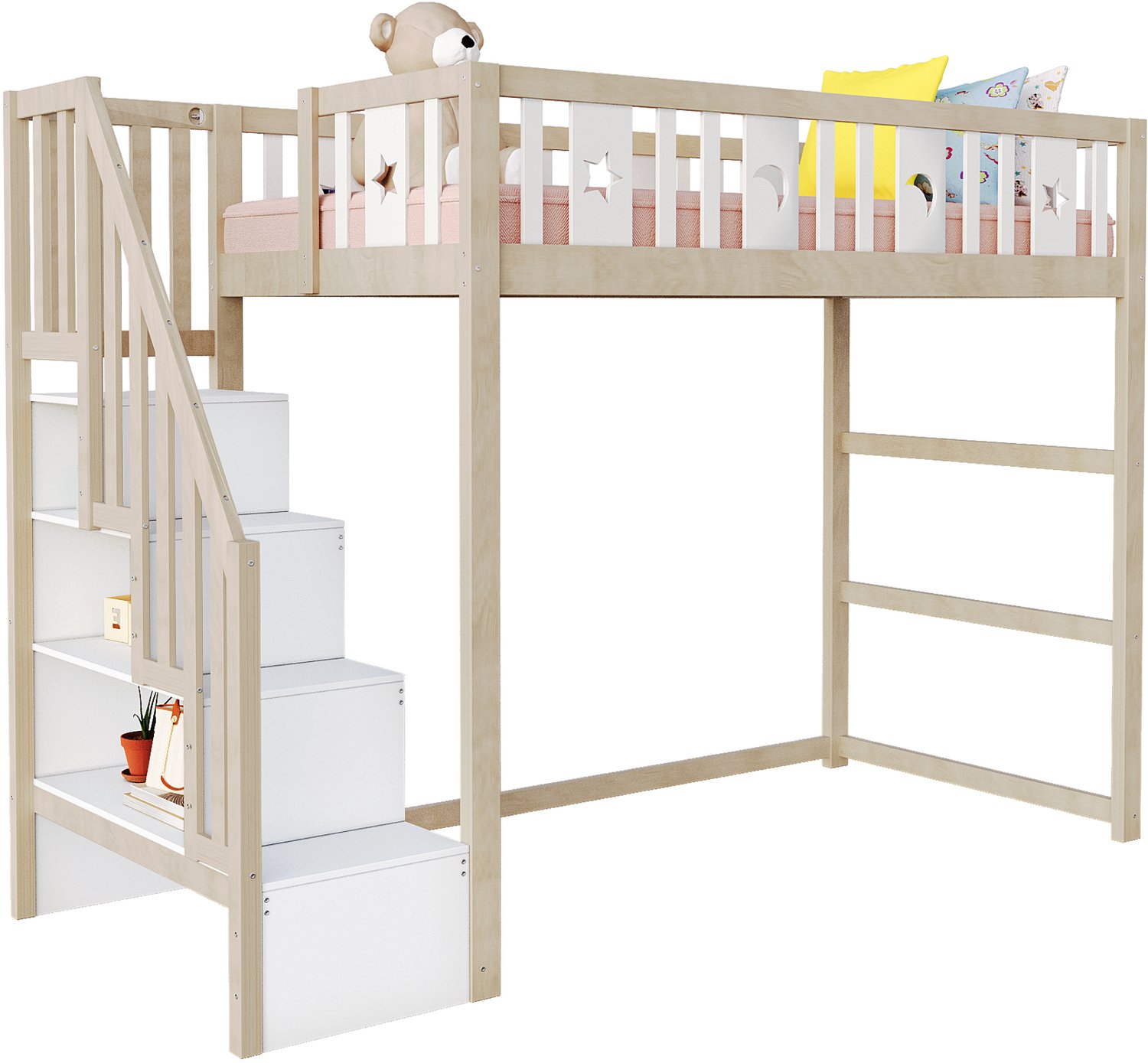 Kinderhoogslaper 90x200 cm - Brede Trap Met Opbergvakken - Frame Van Massief Hout - Verhoogde Uitvalbeveiliging - Wit En Naturel Houtkleur